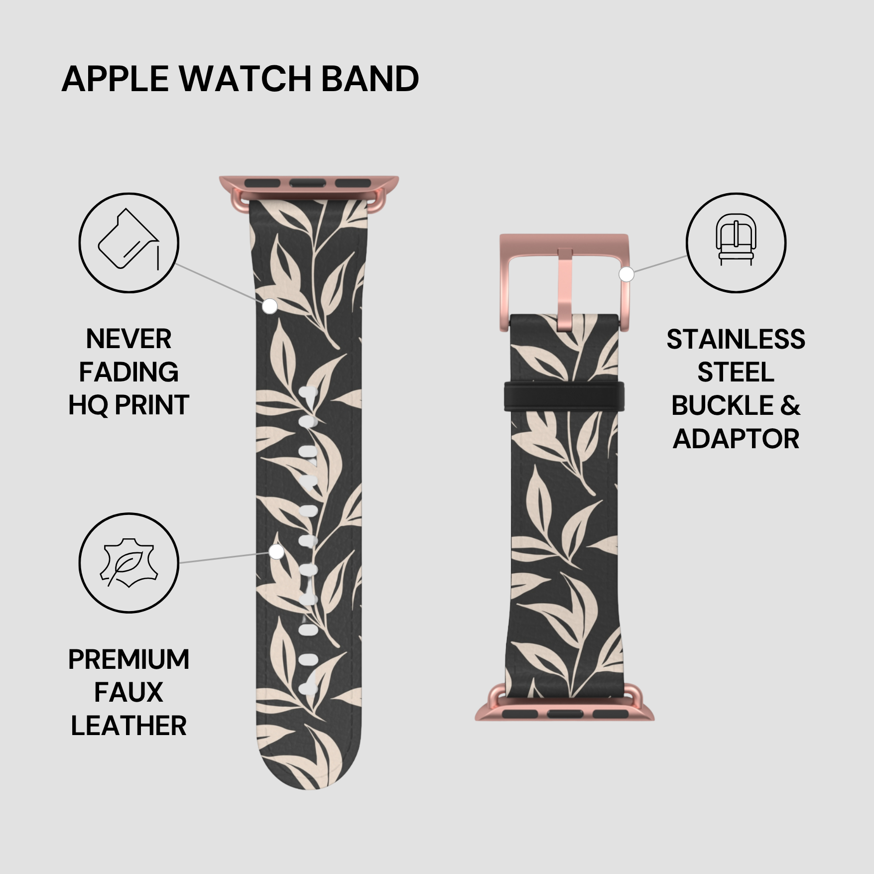 Floral patterned Apple Watch band with rose gold buckle and adapter on a light gray background