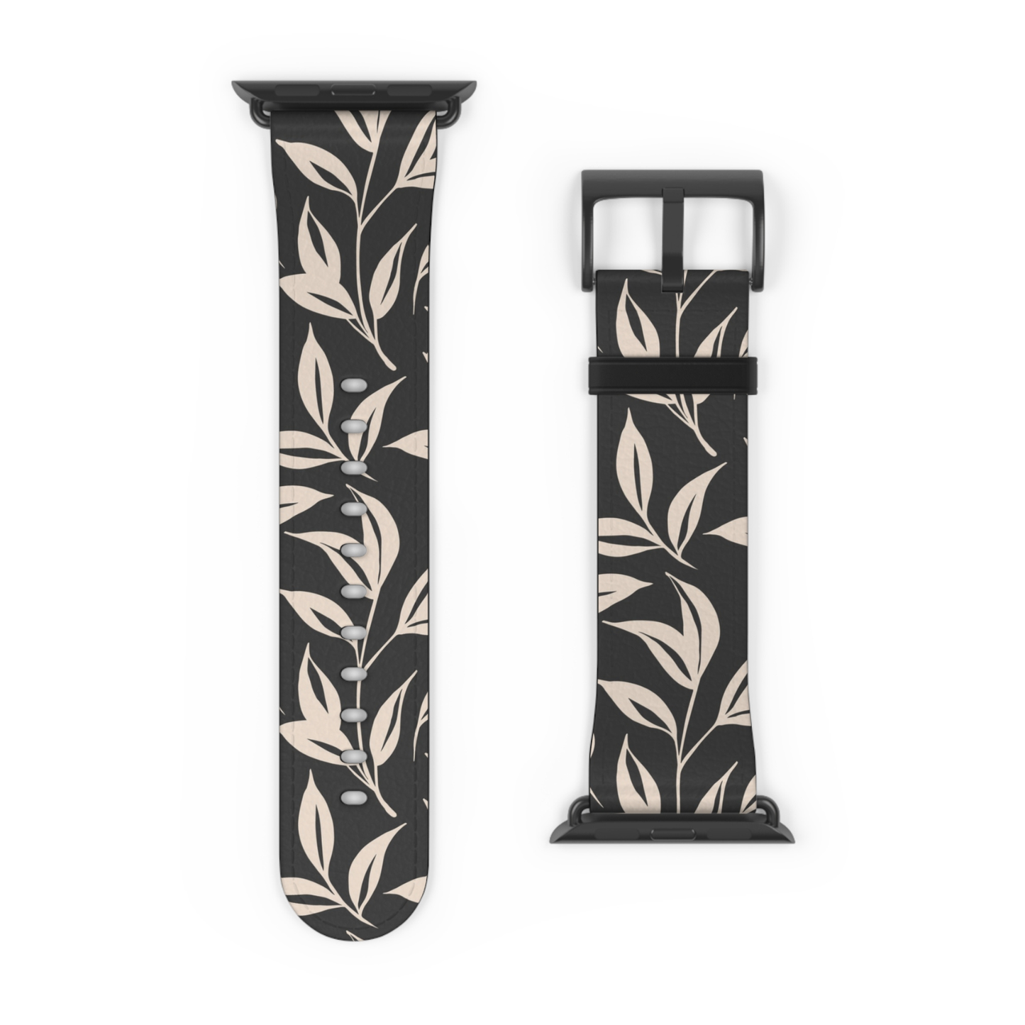 Two watch straps with leaf pattern on a white background