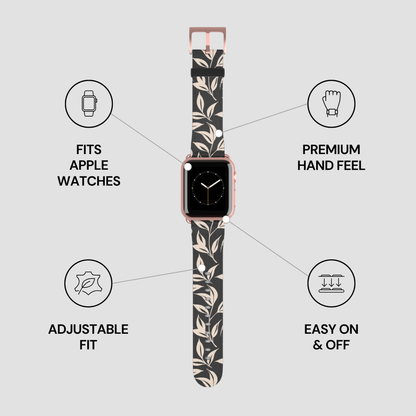 Floral patterned watch band with features listed on a gray background