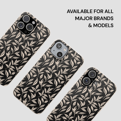 Three phone cases with leaf pattern on a light gray background, text 'Available for all major brands & models' above.