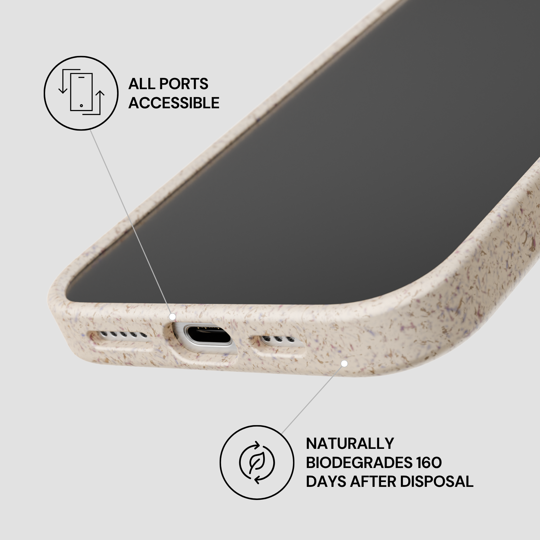 Phone case with accessibility features and biodegradability text on a light gray background