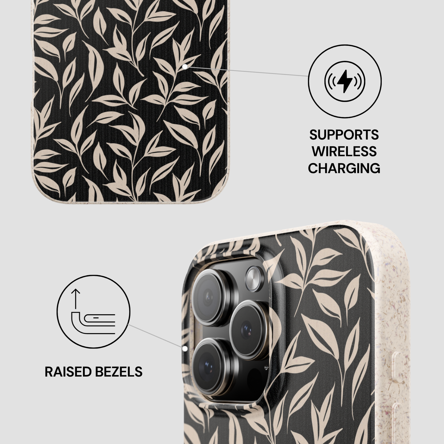 Phone case with leaf pattern and wireless charging support on a light gray background
