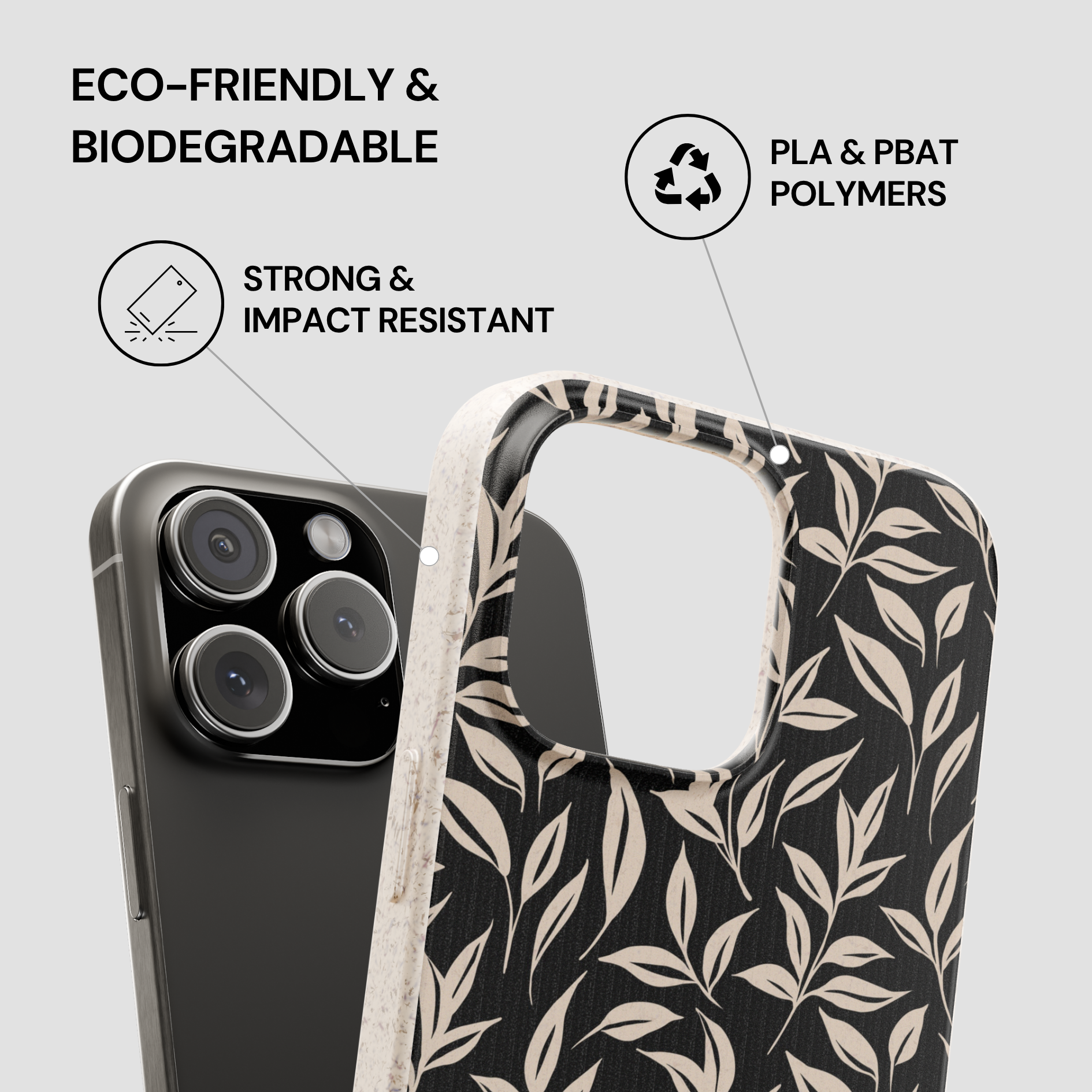 Phone case with leaf pattern and text highlighting eco-friendliness, biodegradability, strength, and impact resistance.