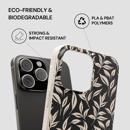 Phone case with leaf pattern and text highlighting eco-friendliness, biodegradability, strength, and impact resistance.