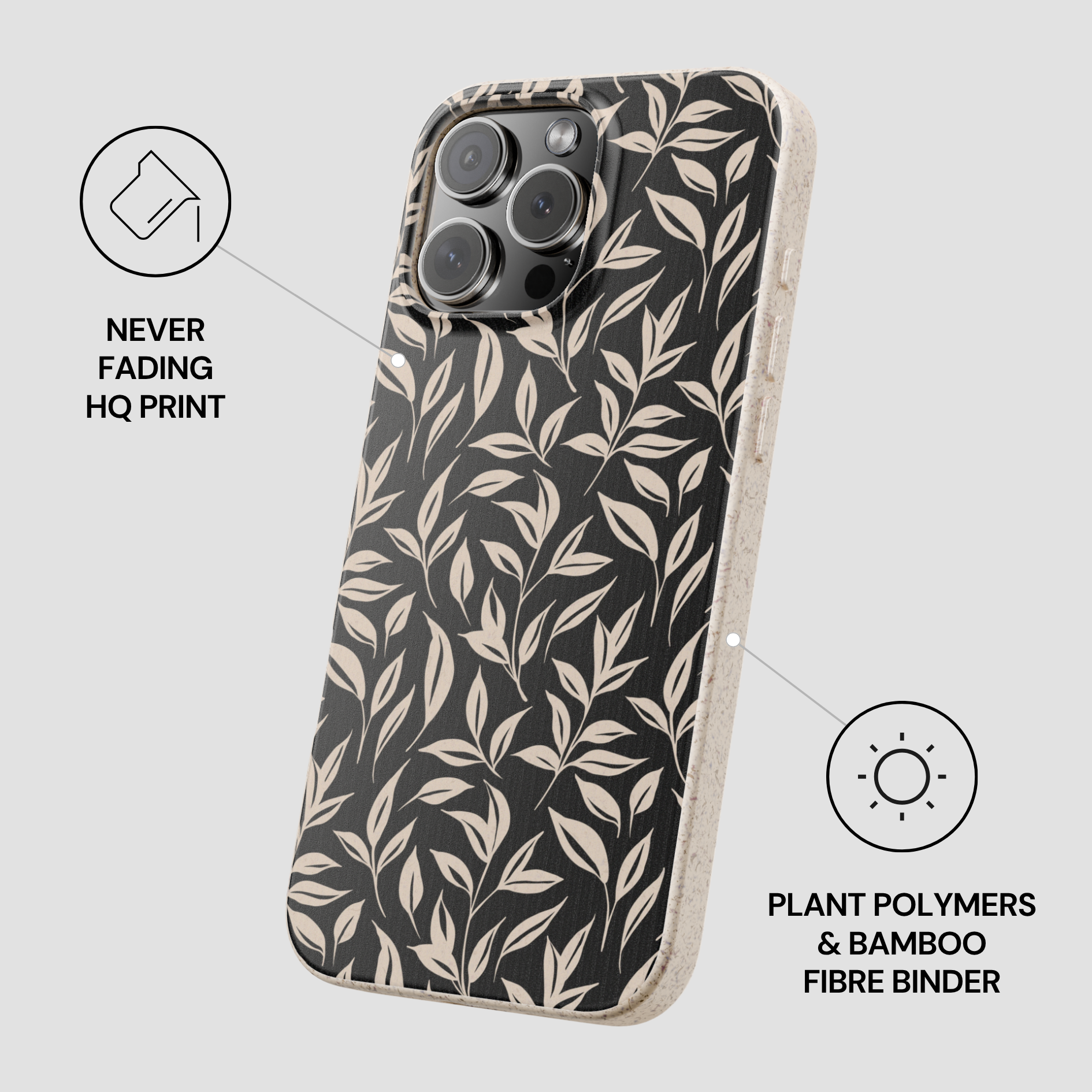 Phone case with leaf pattern on a light gray background