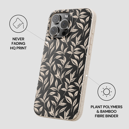 Phone case with leaf pattern on a light gray background