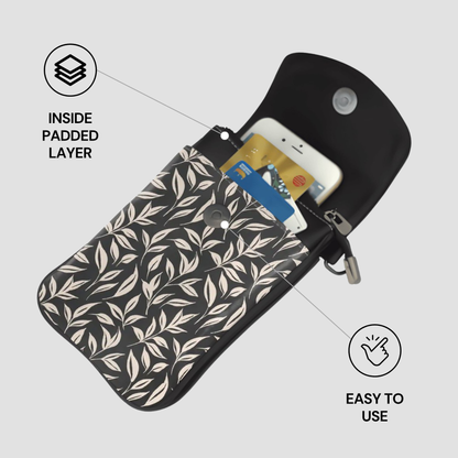 Patterned phone case with card slots on a light gray background
