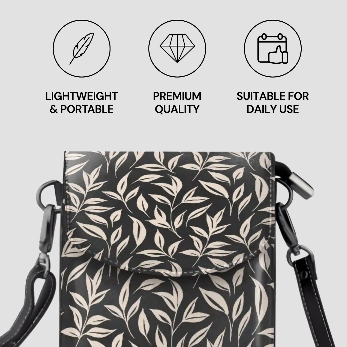 Patterned bag with shoulder straps on a light gray background, featuring icons and text about product attributes.