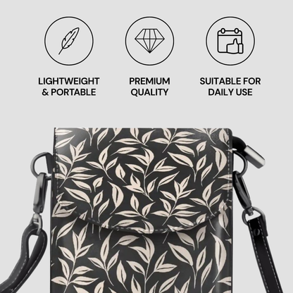 Patterned bag with shoulder straps on a light gray background, featuring icons and text about product attributes.