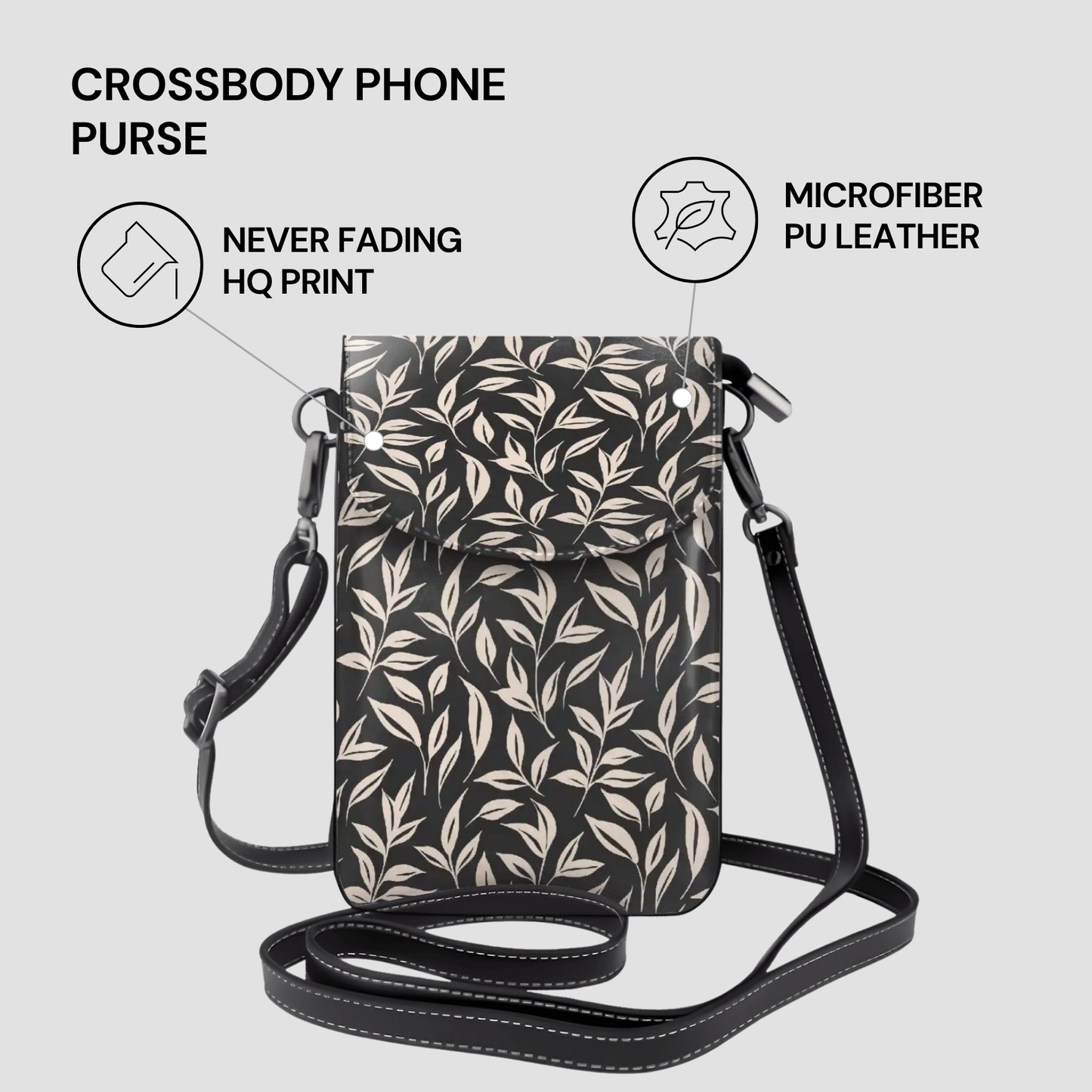 Crossbody phone purse with leaf pattern on a light gray background