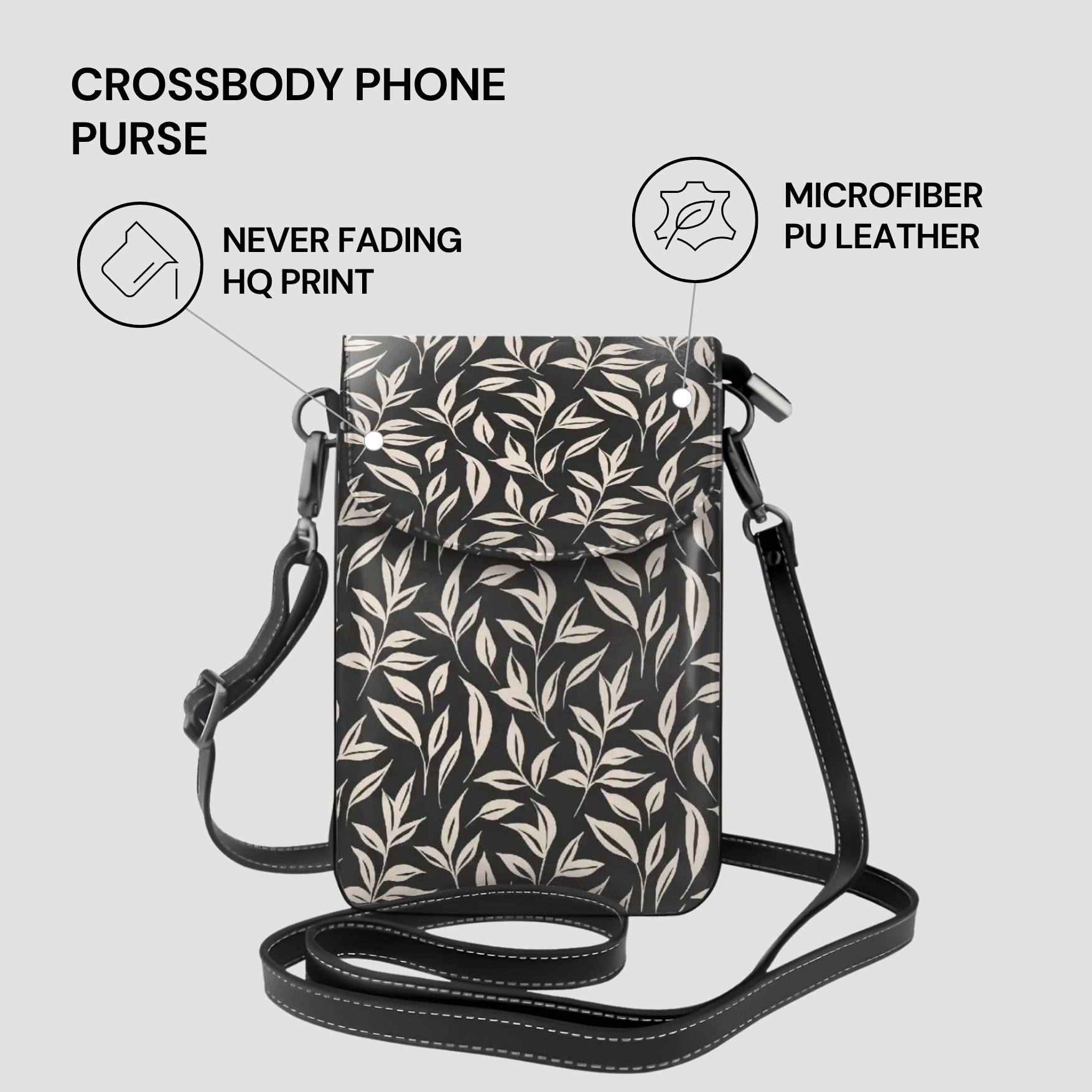 Crossbody phone purse with leaf pattern on a light gray background