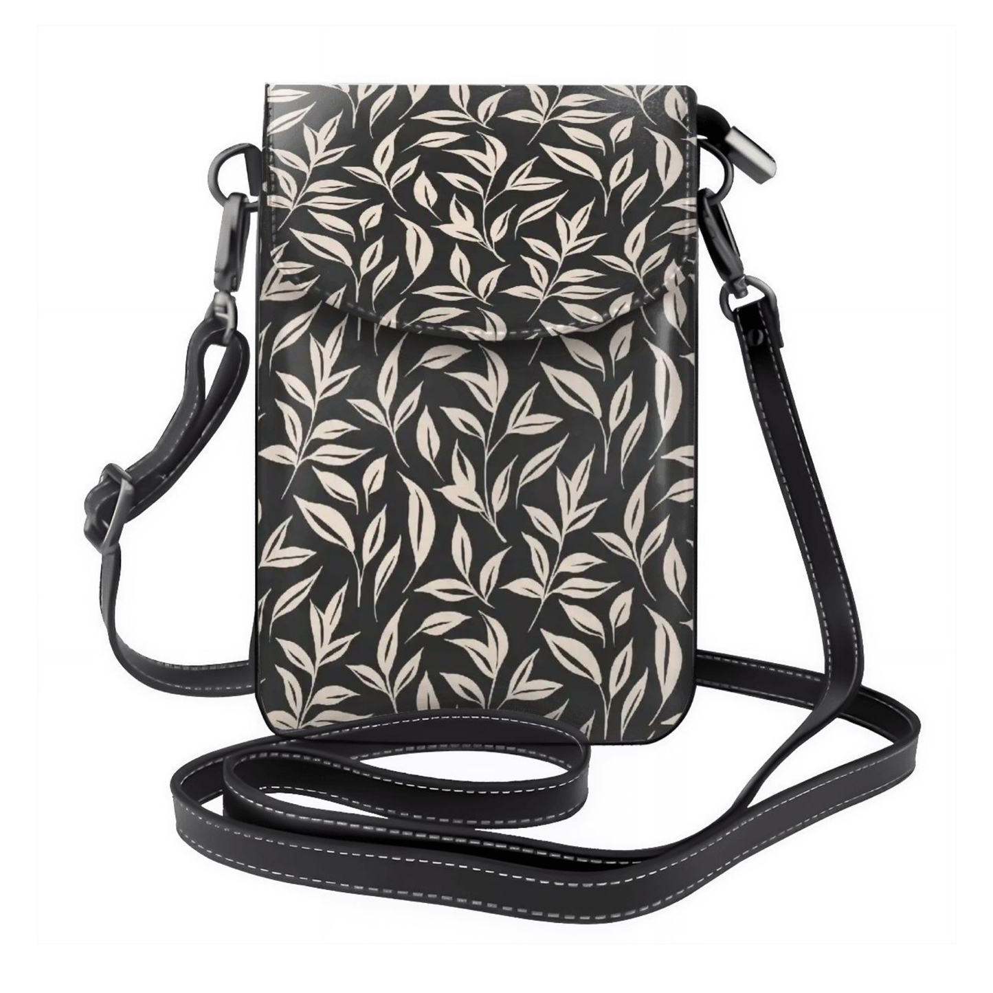 Small crossbody bag with leaf pattern on a white background