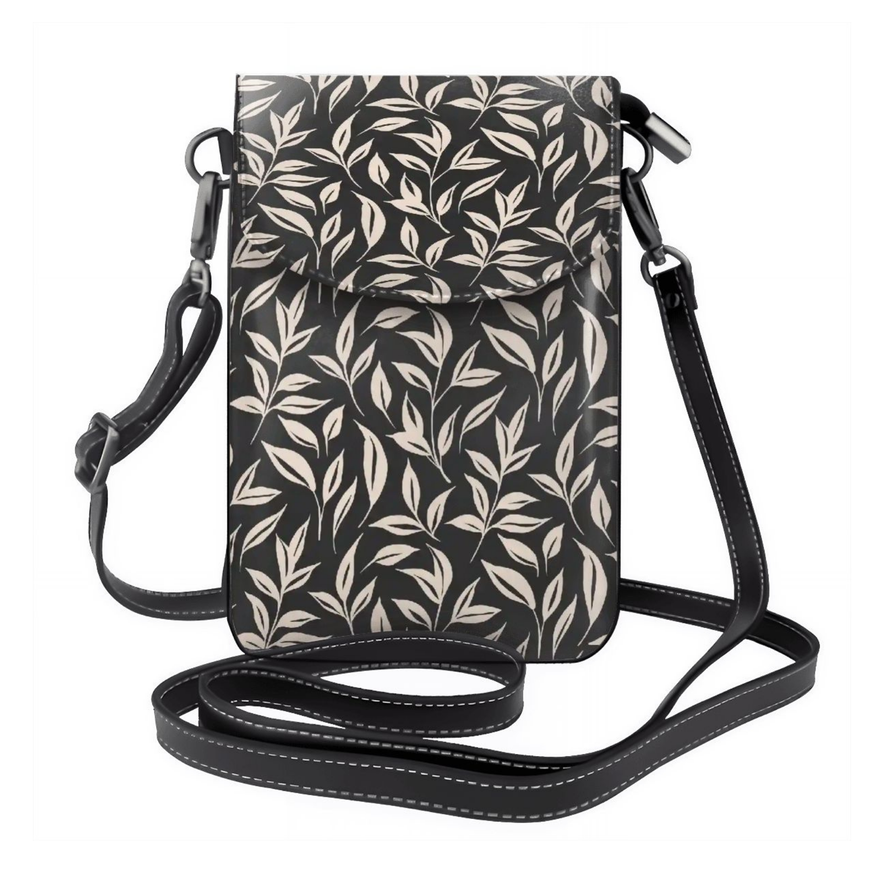 Small crossbody bag with leaf pattern on a white background