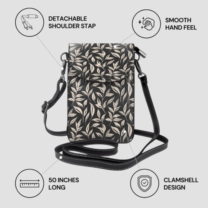Handbag with leaf pattern and features listed on a light gray background