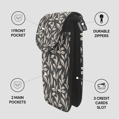 Patterned wallet with features highlighted on a light gray background