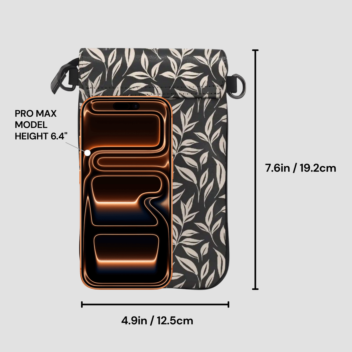 Phone case with leaf pattern and dimensions labeled on a gray background