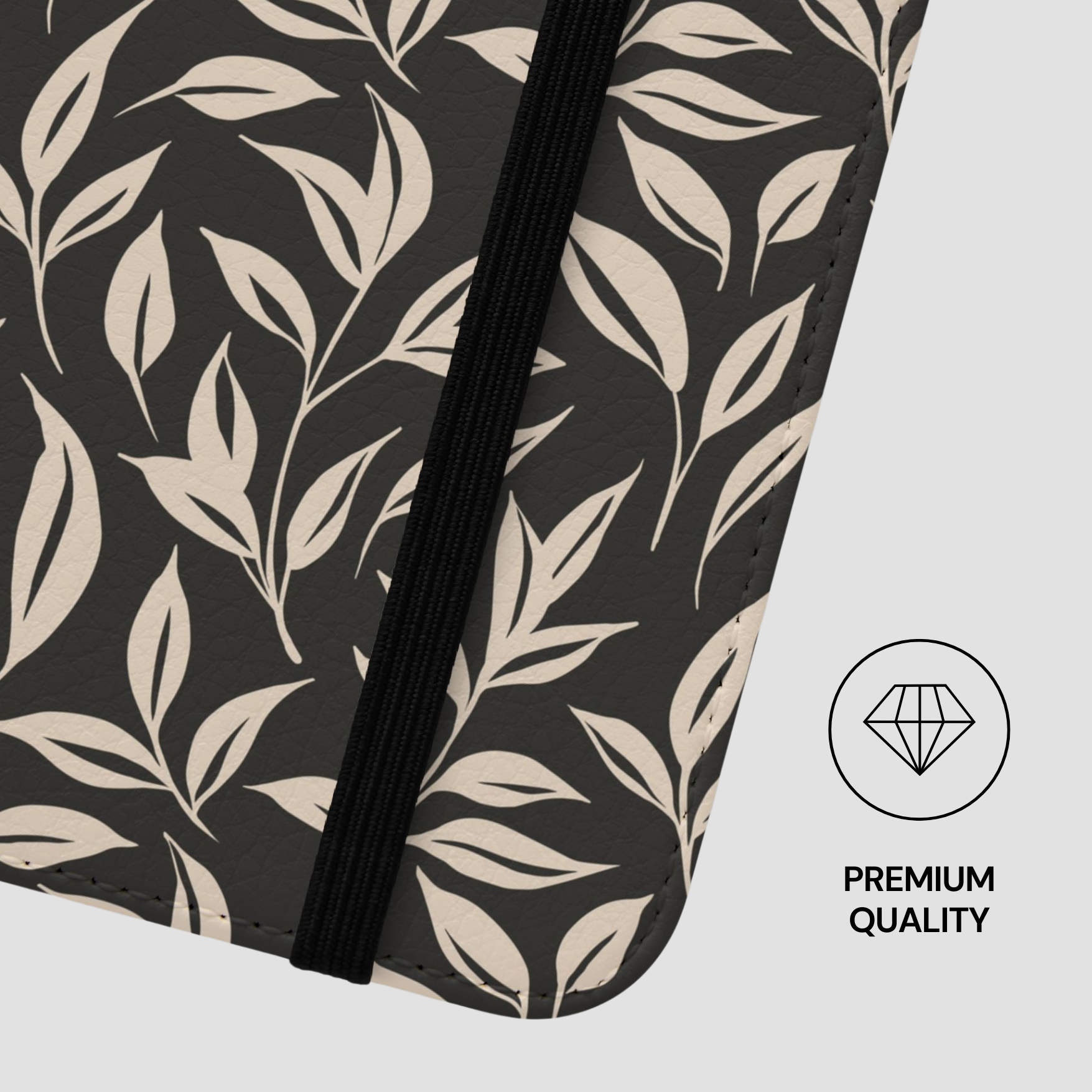 Patterned product with leaf design on a black background, featuring a 'Premium Quality' label.