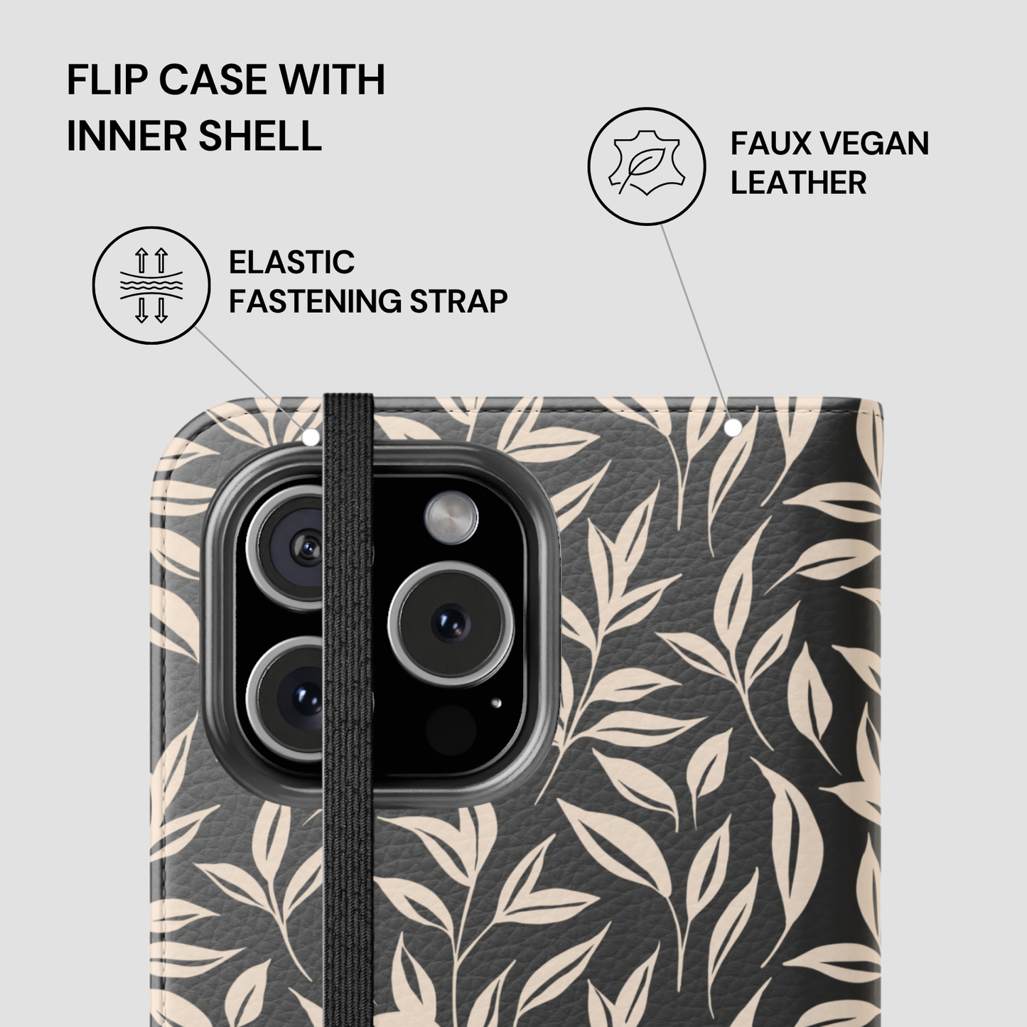 Flip case with inner shell featuring a leaf pattern on a gray background
