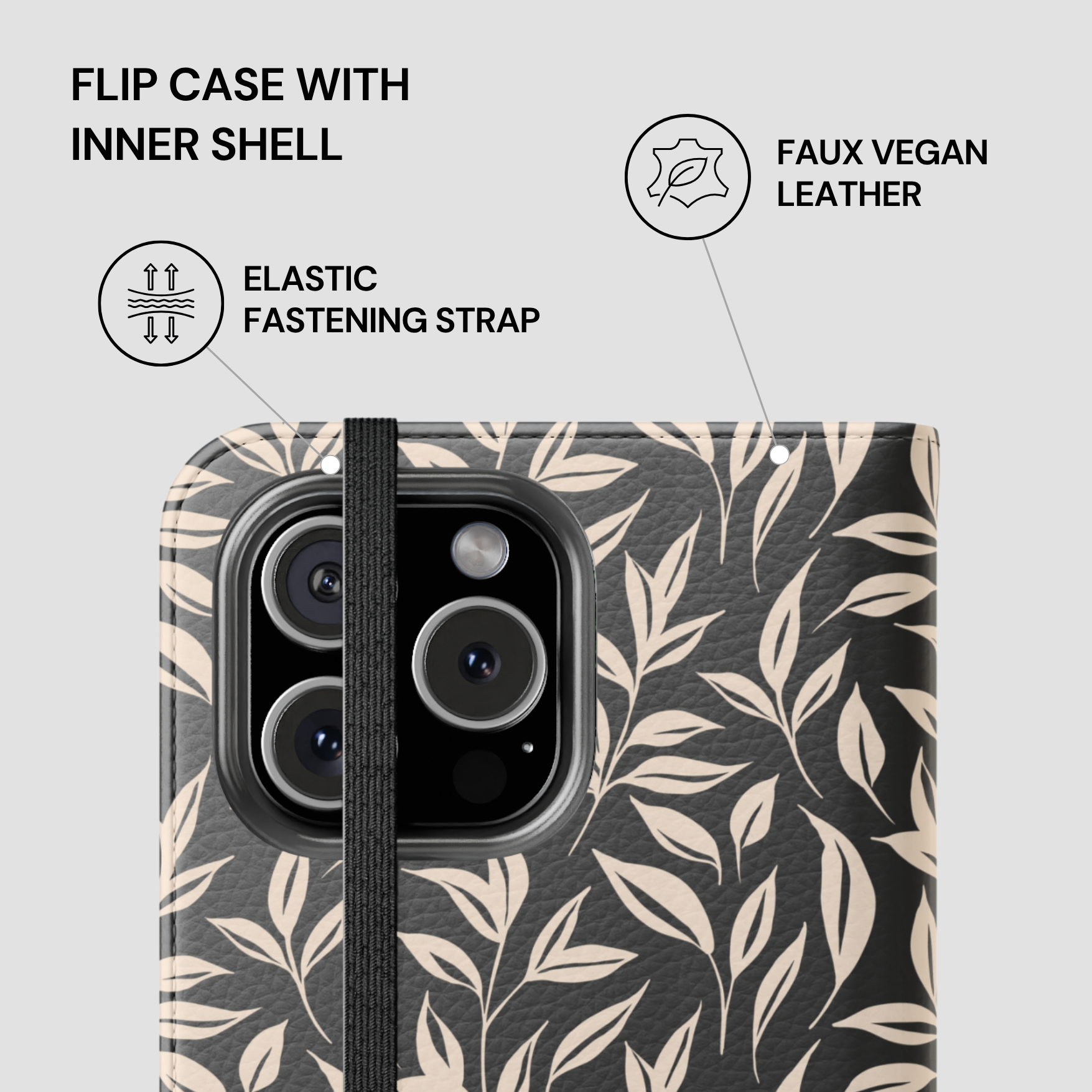 Flip case with inner shell featuring a leaf pattern on a gray background