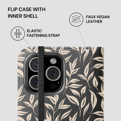 Flip case with inner shell featuring a leaf pattern on a gray background