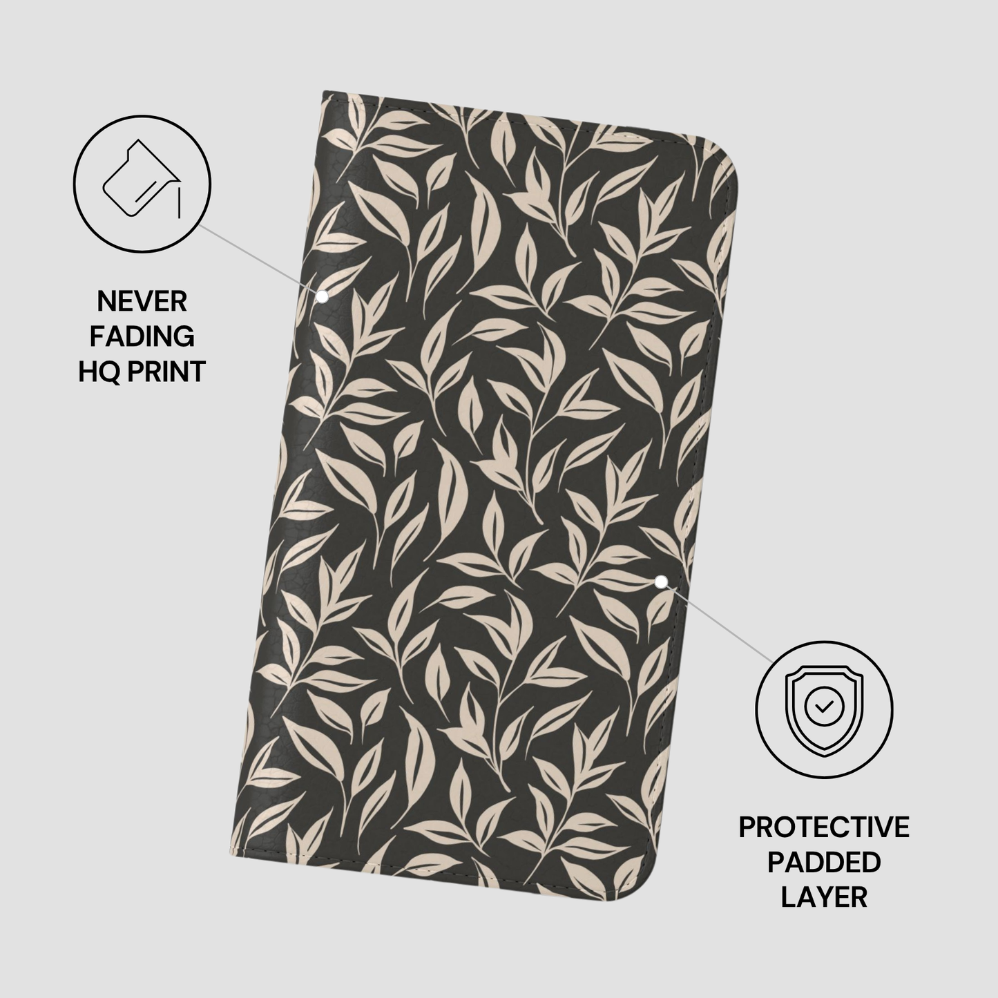 Product with leaf pattern and text about never fading quality and protective padding.