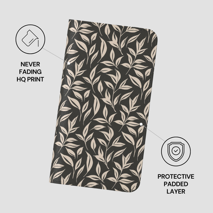 Product with leaf pattern and text about never fading quality and protective padding.