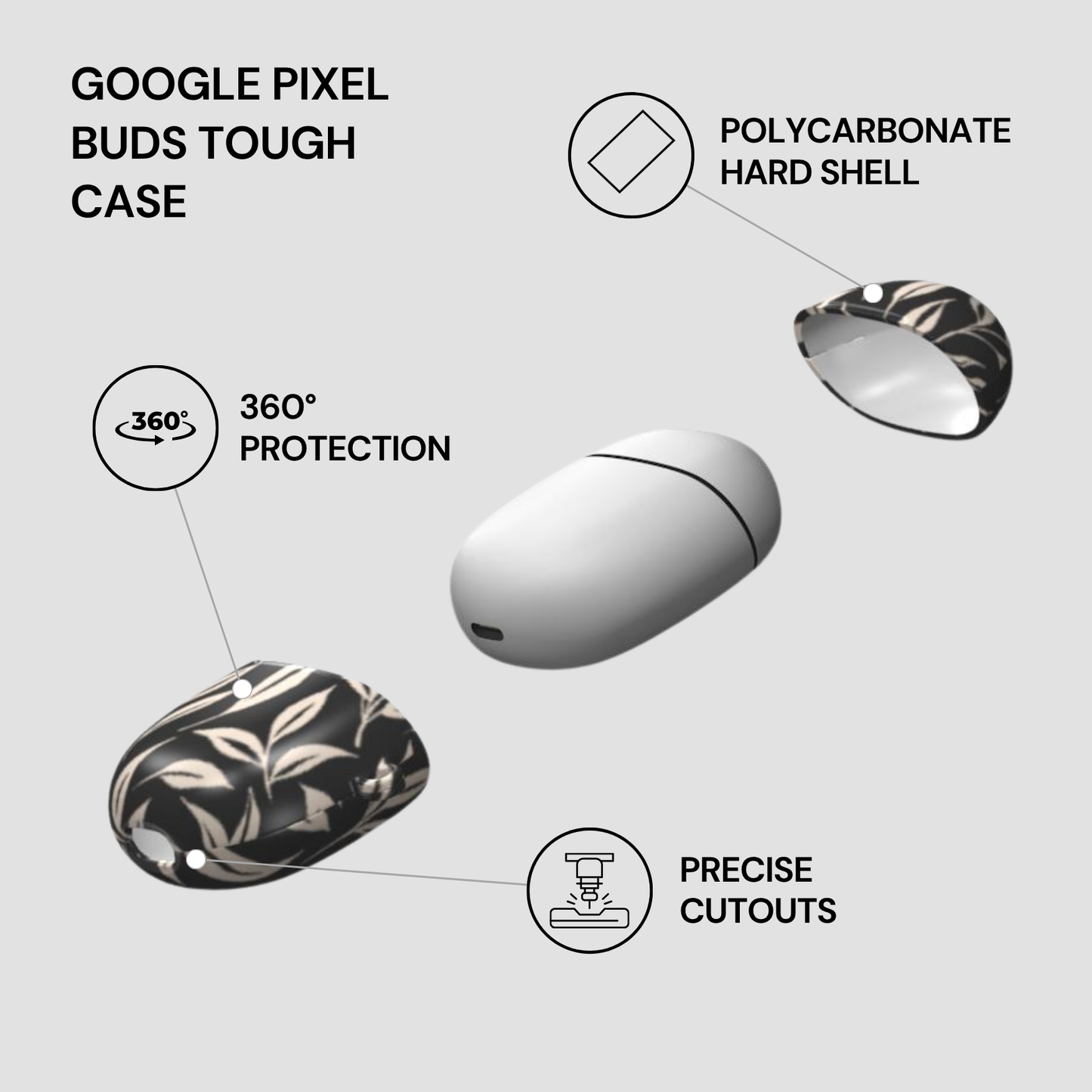 Google Pixel Buds Tough Case with features highlighted on a white background