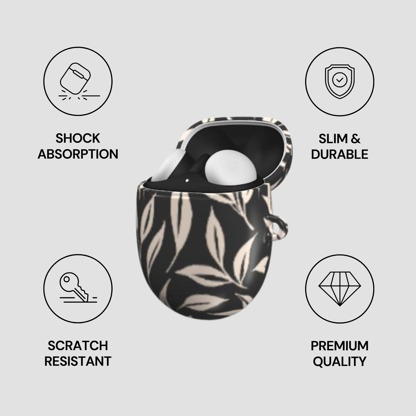 Black and white patterned case with product inside, surrounded by icons and text on a light gray background