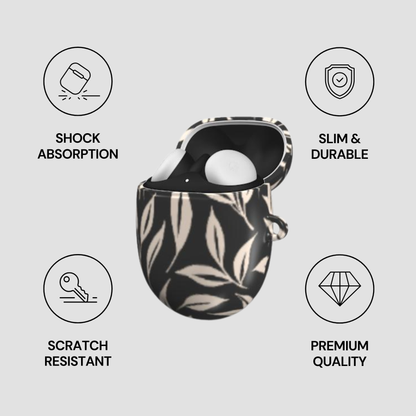 Black and white patterned case with product inside, surrounded by icons and text on a light gray background