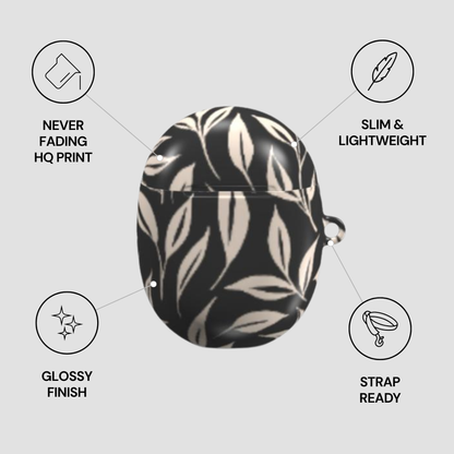 Black and white patterned pouch with features listed on a light gray background