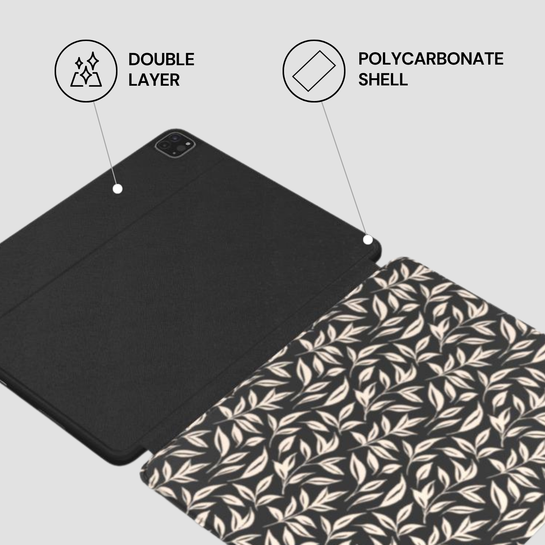 Tablet case with leaf pattern and text indicating double layer and polycarbonate shell on a light gray background.