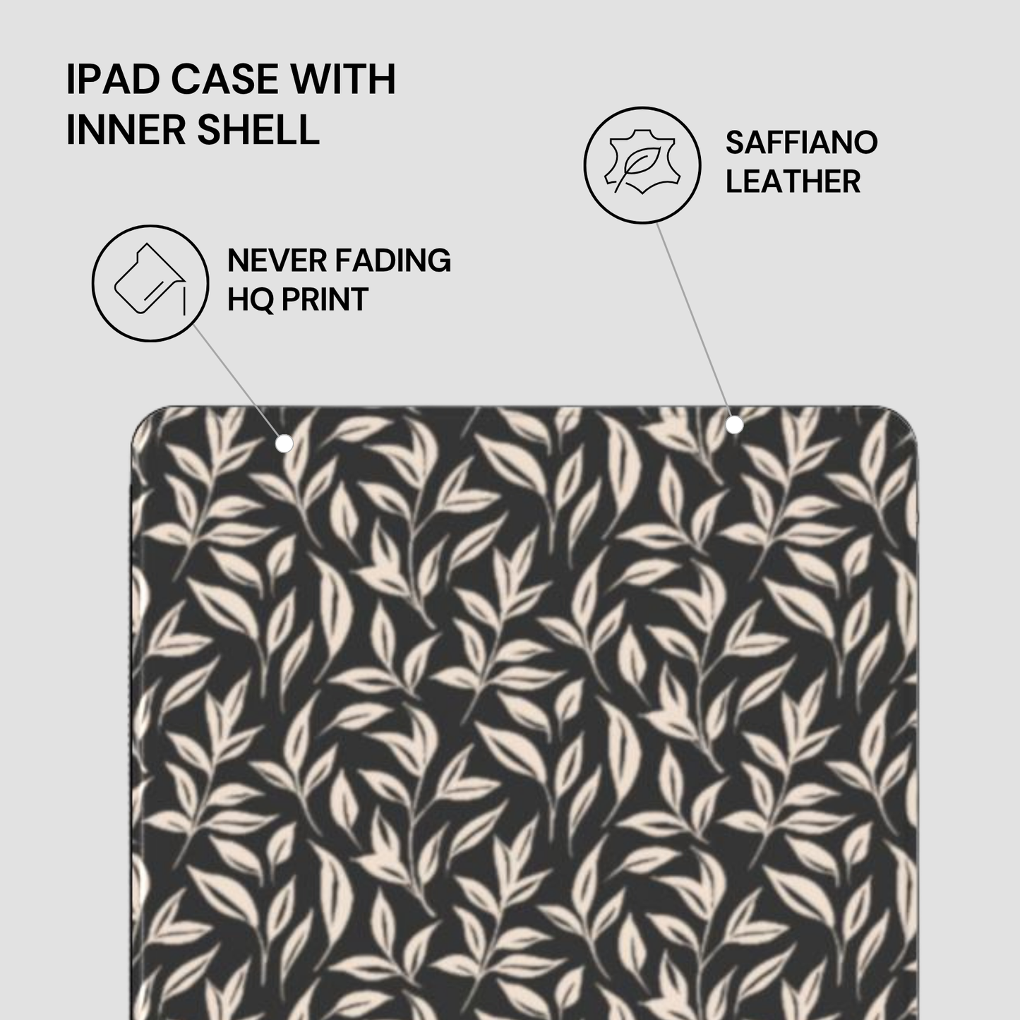 Saffiano leather iPad case with leaf pattern on a light gray background