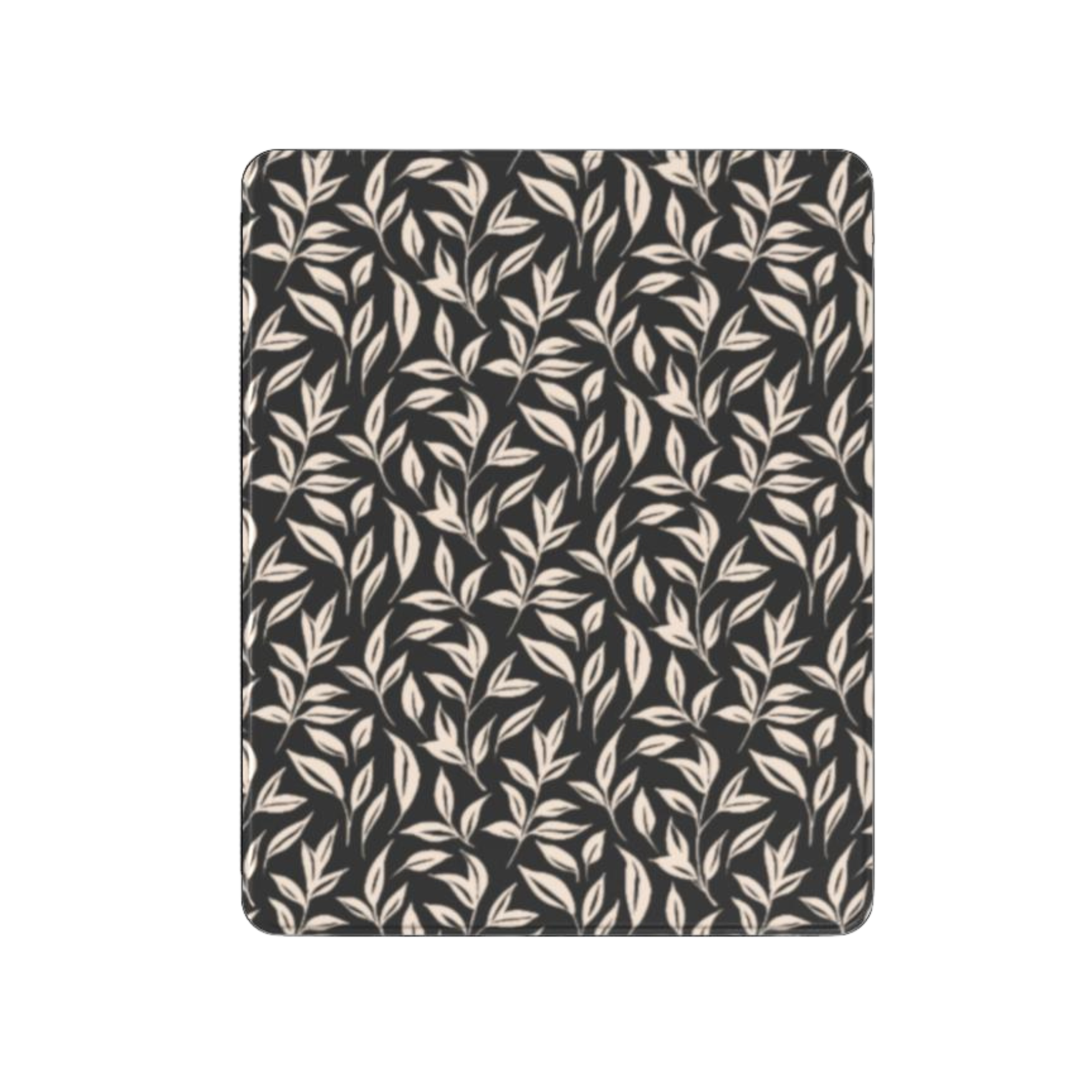 Patterned fabric with leaf design on a black background