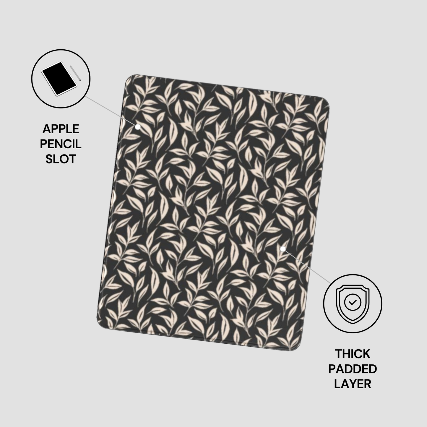 Black case with leaf pattern on a white background