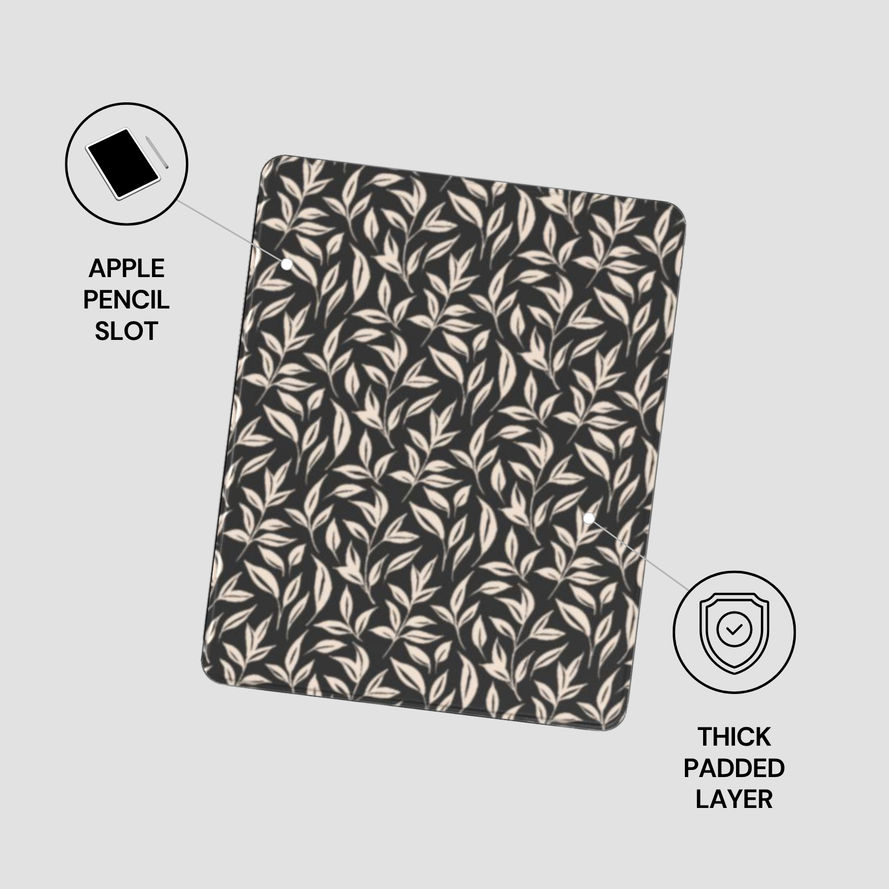 Black case with leaf pattern on a white background