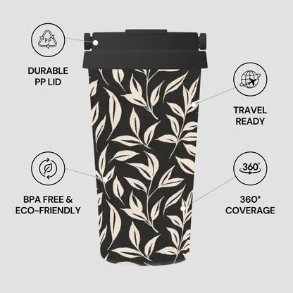 Reusable coffee cup with leaf pattern and feature icons on a light gray background