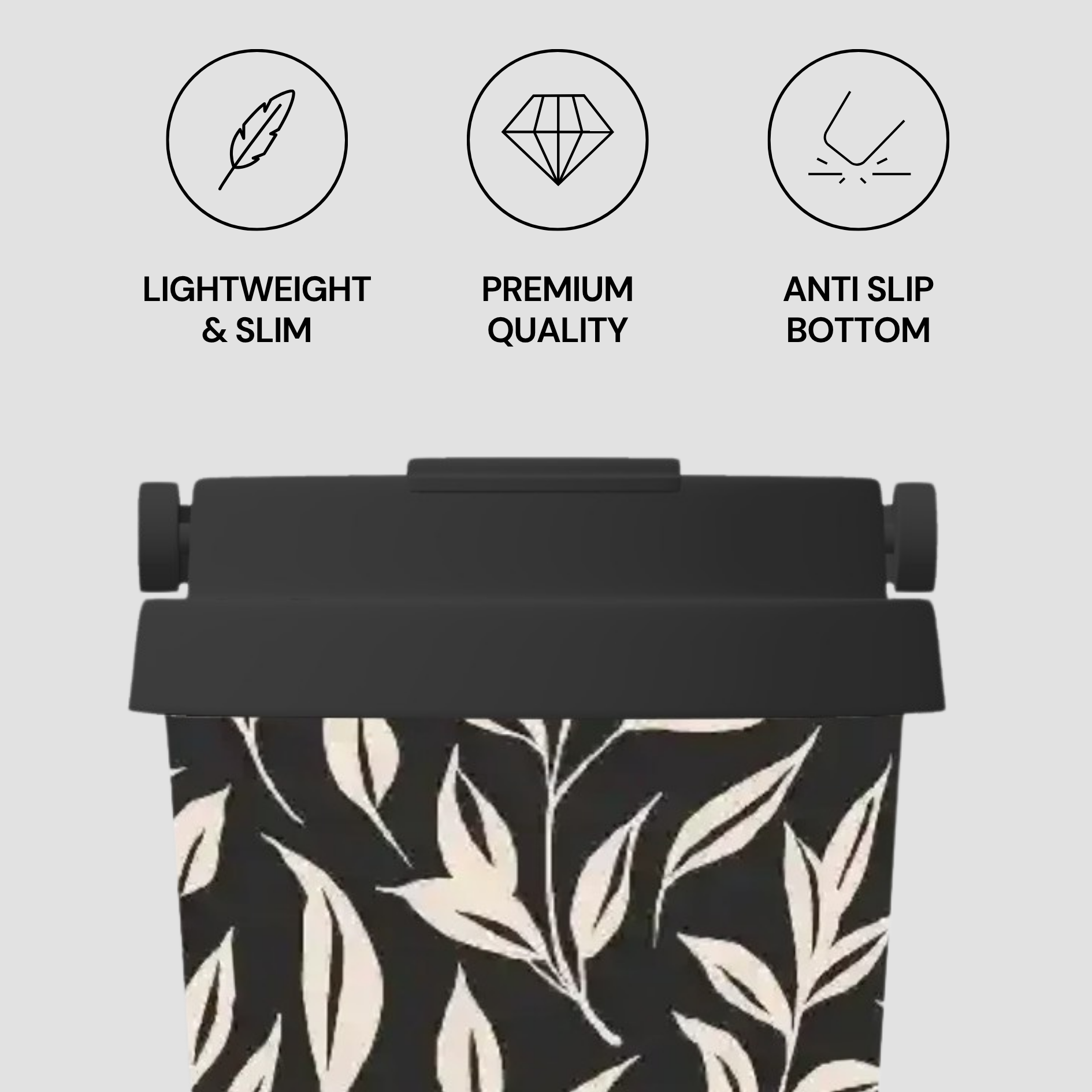 Black and white patterned product with icons and text on a light gray background