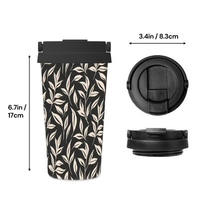 Black and white patterned travel mug with black lid and measurements on a white background