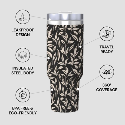 Tumbler with leaf pattern and features listed on a gray background