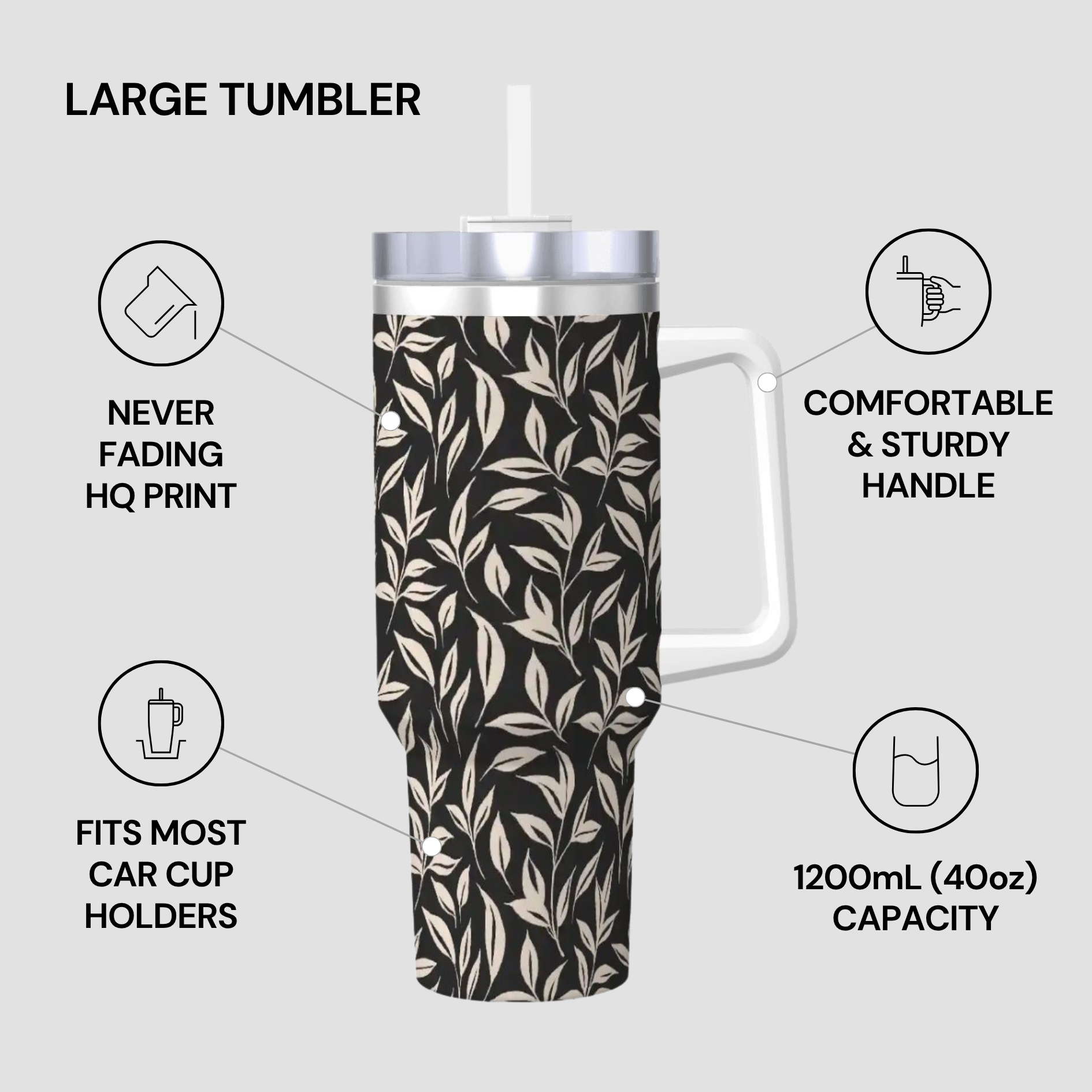 Large tumbler with leaf pattern on a gray background with feature text.
