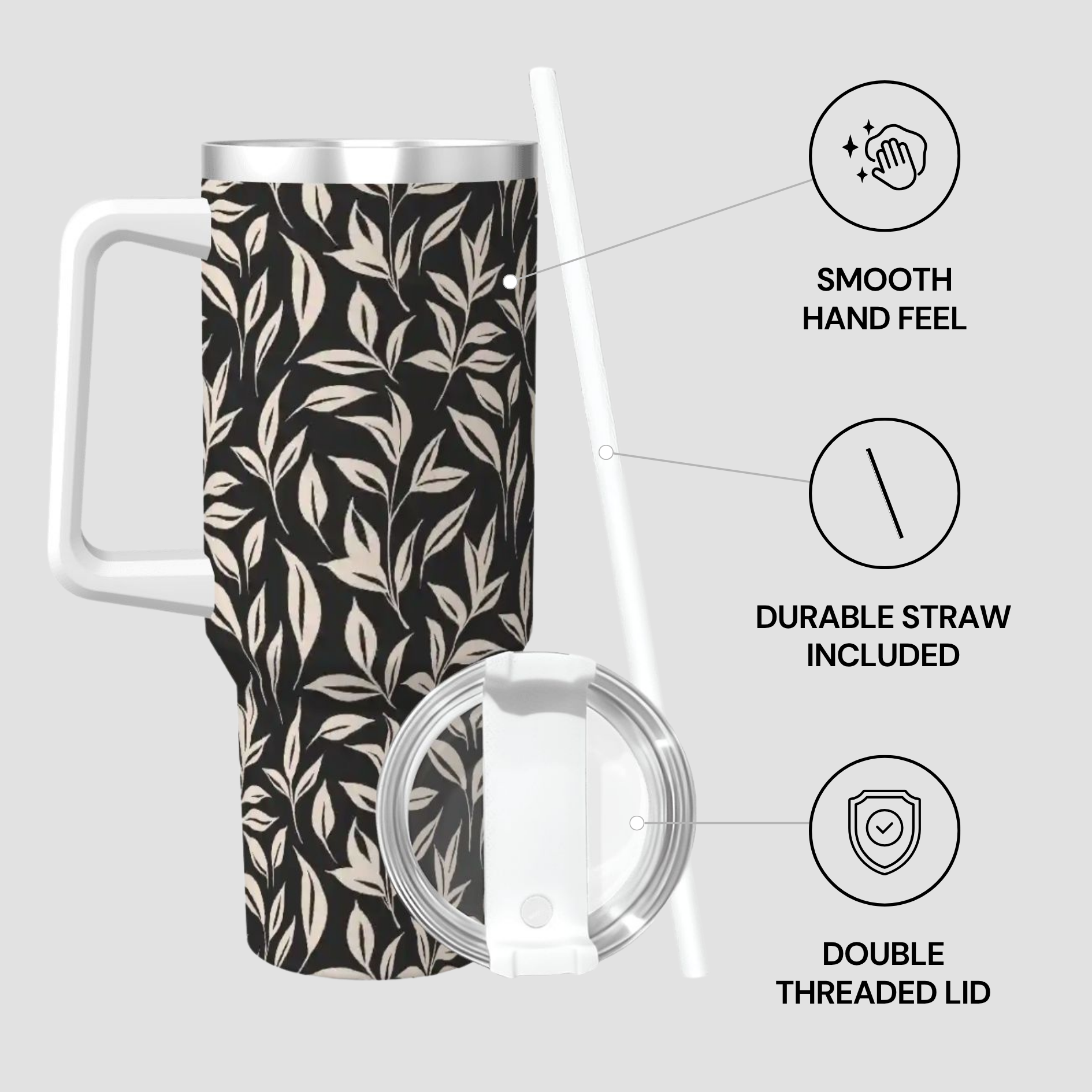 Tumbler with leaf pattern, lid, and straw on a light gray background