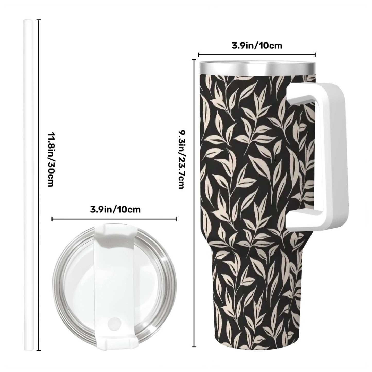 Tumbler with leaf pattern and measurements on a white background