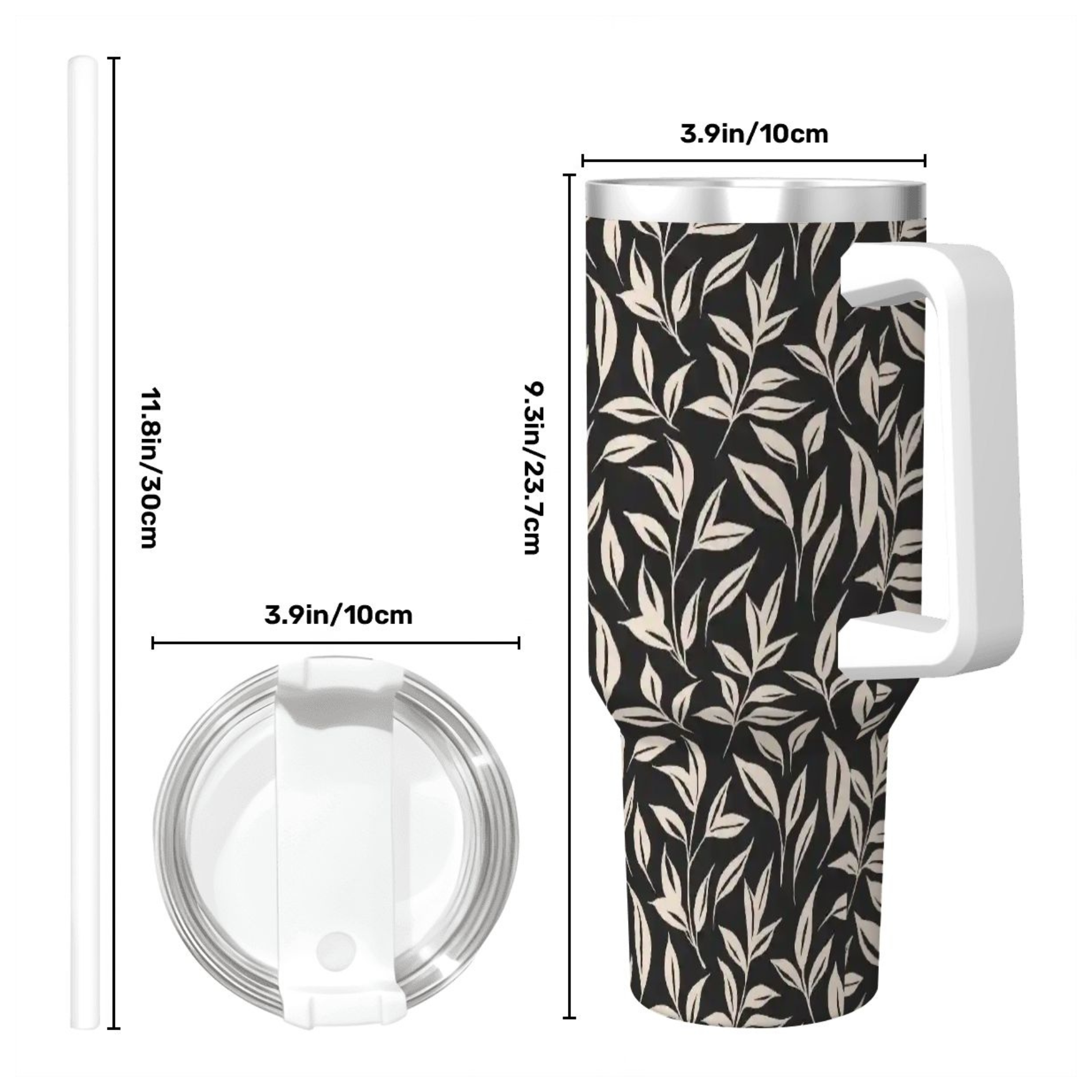 Tumbler with leaf pattern and measurements on a white background