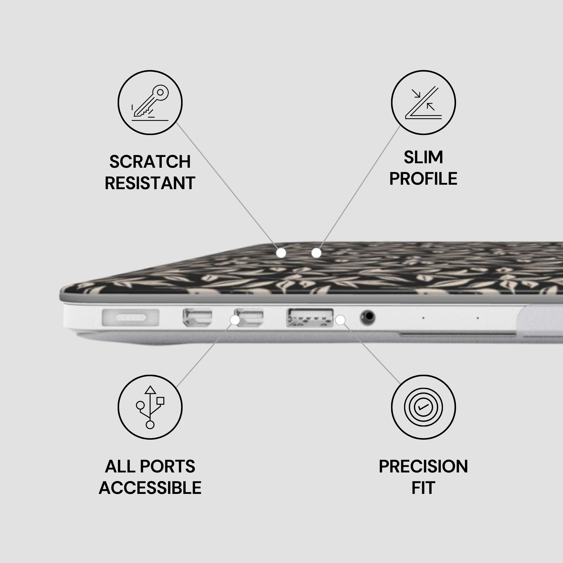 Laptop with features labeled as scratch resistant, slim profile, all ports accessible, and precision fit on a light gray background.