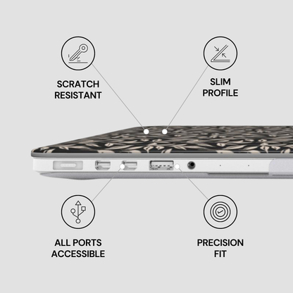 Laptop with features labeled as scratch resistant, slim profile, all ports accessible, and precision fit on a light gray background.