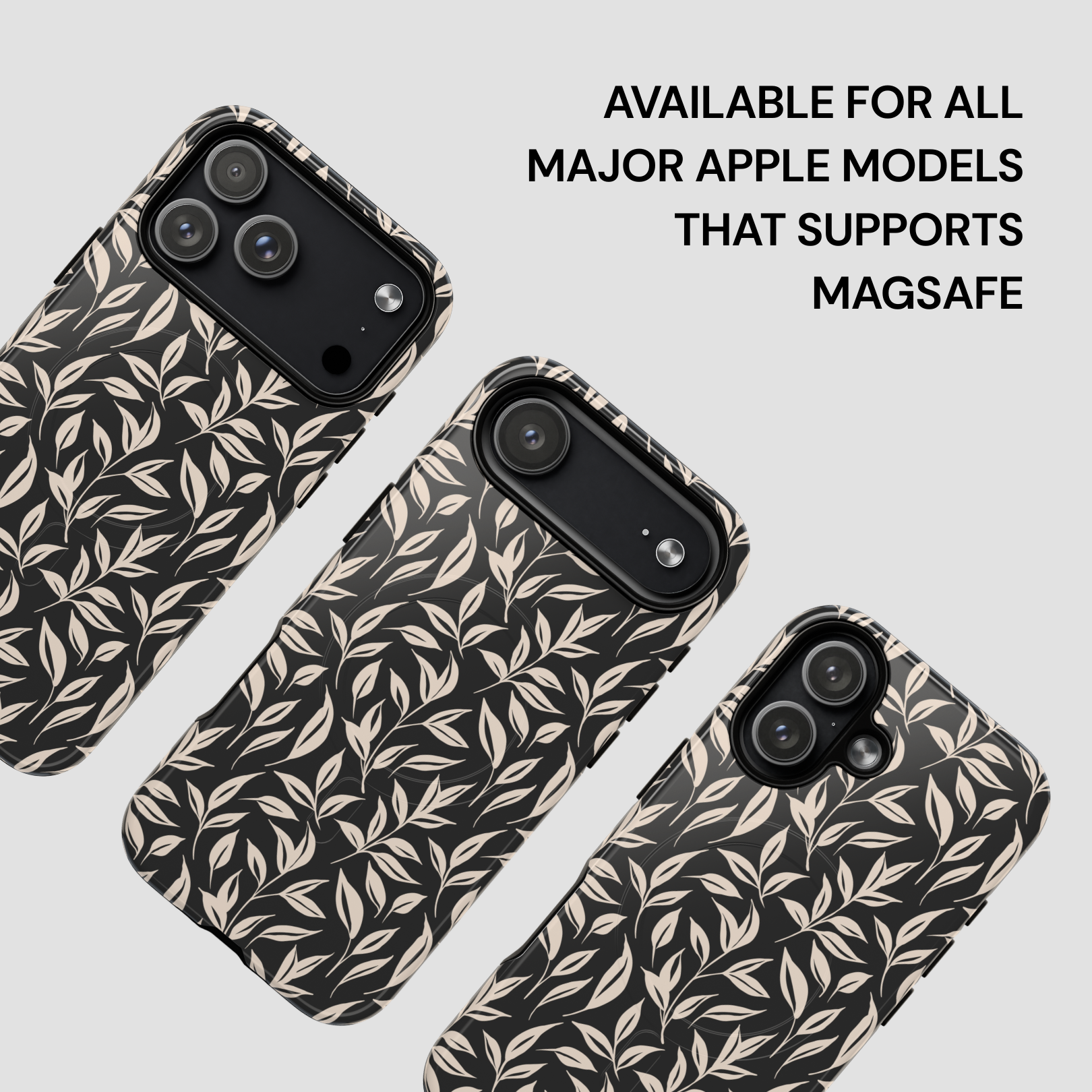 Phone cases with leaf pattern on a light gray background