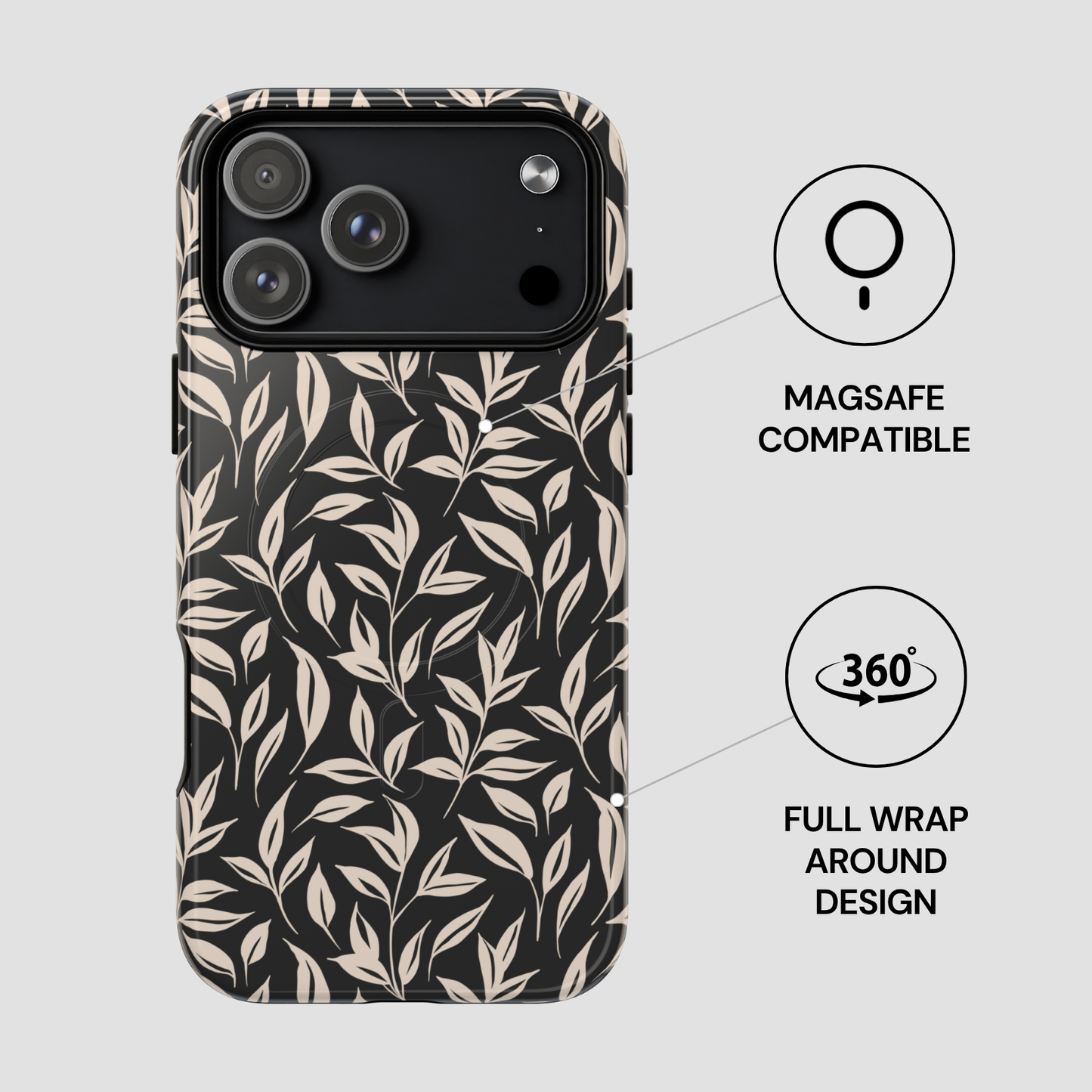 Black phone case with text on a white background