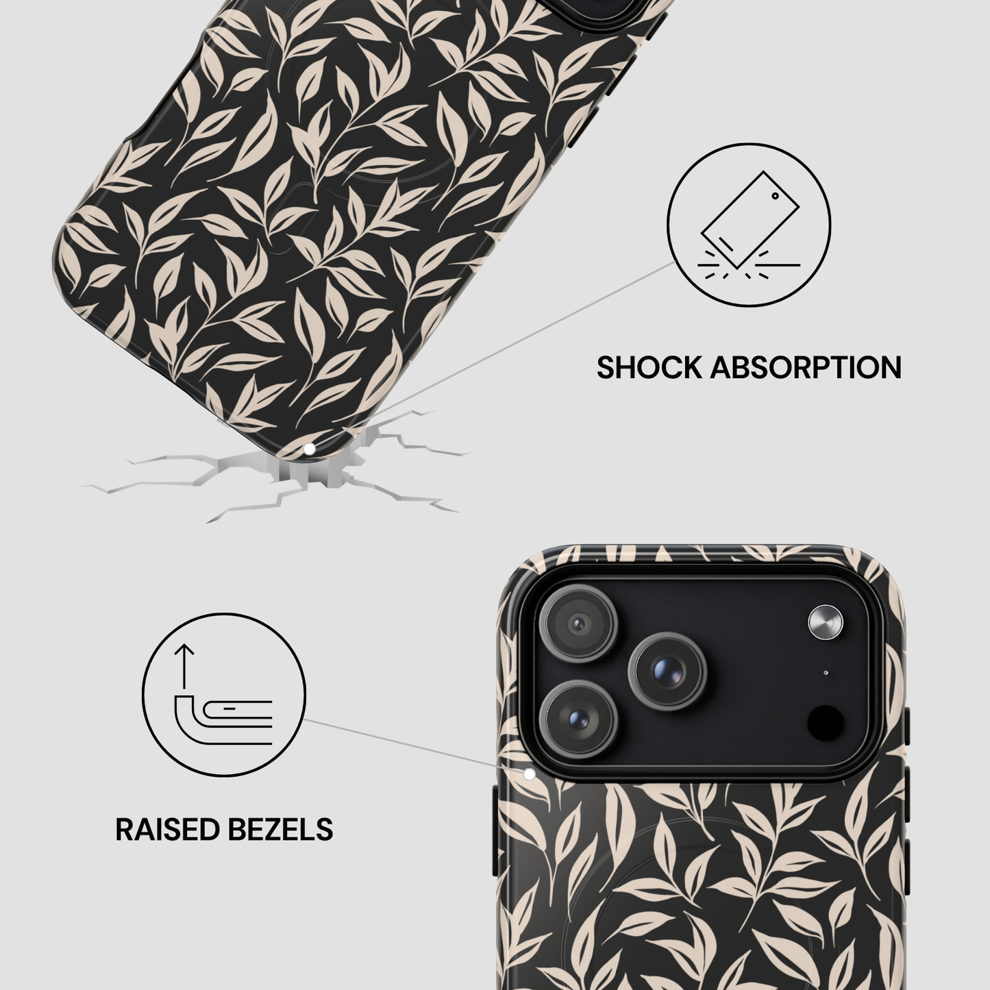 Phone case with leaf pattern and features highlighted on a light gray background