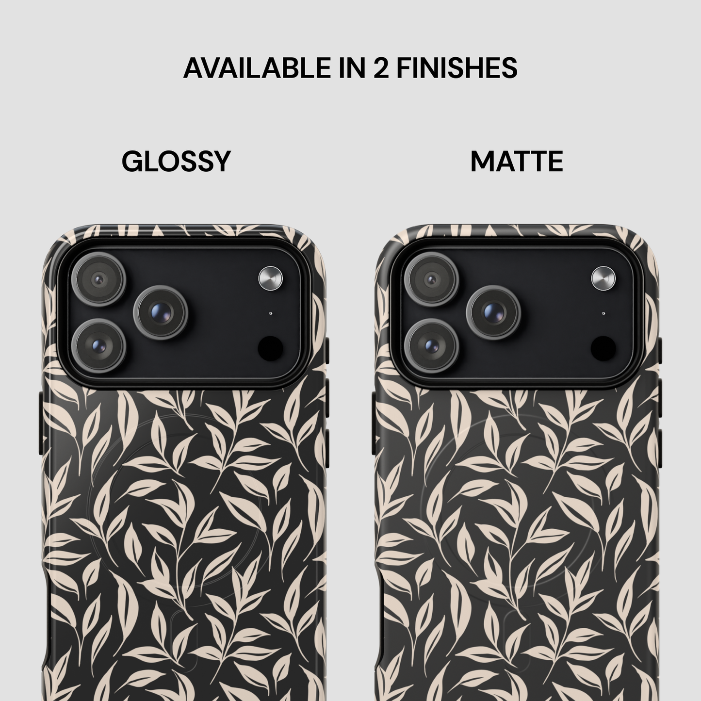 Two phone cases with leaf pattern, one glossy and one matte, on a white background.