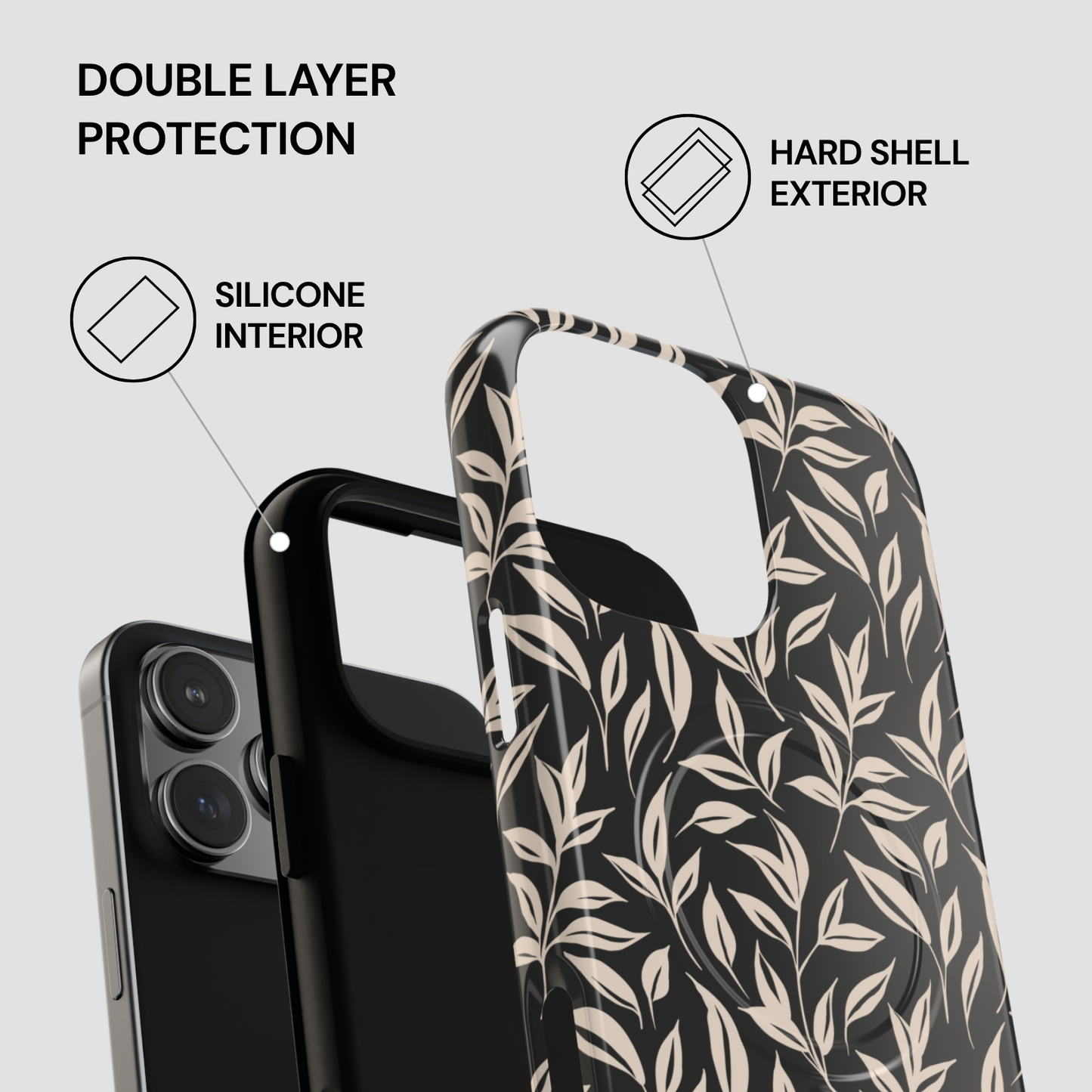 Colorful phone case with hard shell exterior and silicone interior on a gray background